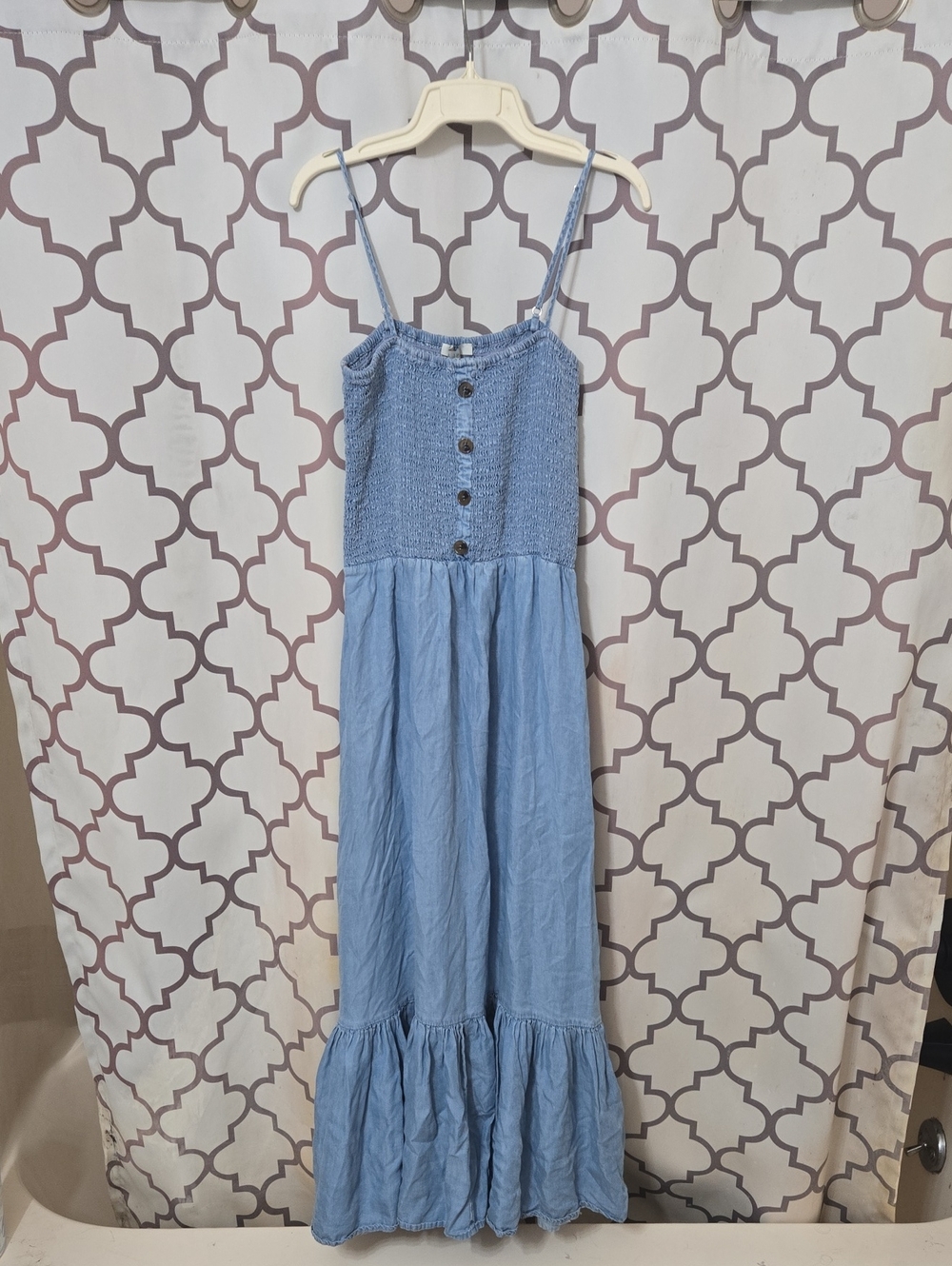 Love Tree Sky Blue Smocked Maxi Dress with Button Front